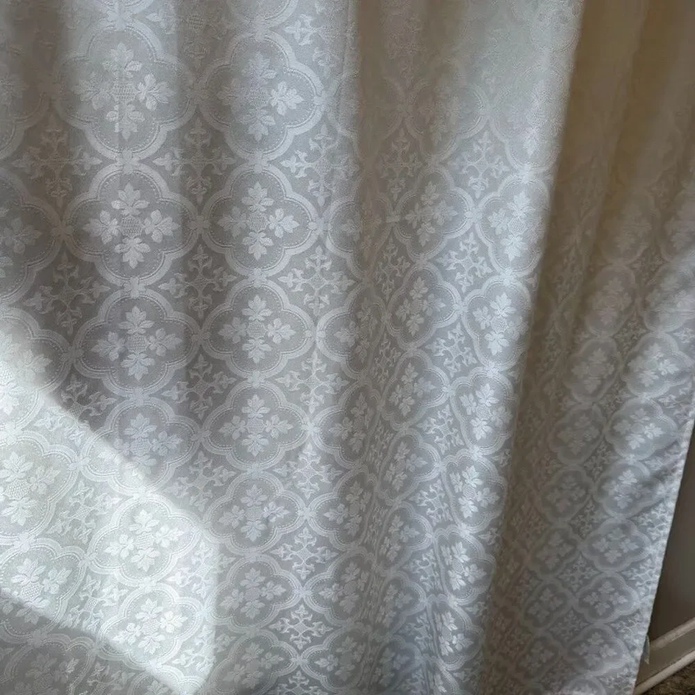 White Tone on Tone Shower Curtain with Built-In Valance Jacquard Damask Pattern